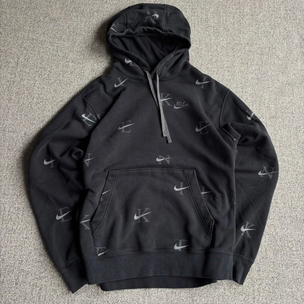 Nike Hoodie Mens M Sportswear Club Fleece Black All Over Print Swoosh Pullover